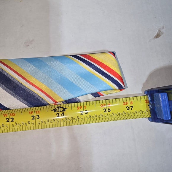 VINTAGE  Dark‎ & Light Blue Yellow & Red Striped Tie ROMANO Polyester - Picture 3 of 5